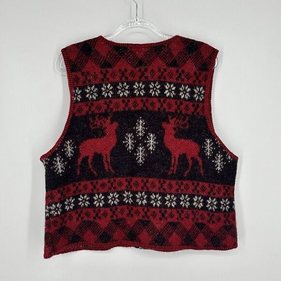 Vintage Coldwater Creek Reindeer Vest Zip Front 100% Wool Red Black Womens Large - Picture 3 of 6